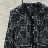 Gucci Women GG Tweed Jacket Dark Grey Lined Collarless Two Front Pockets Button Closure Style ‎761164 ZAPA4 1158 (12)