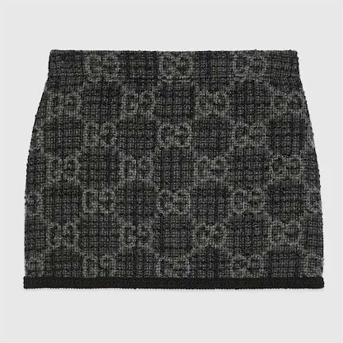 Gucci Women GG Tweed Skirt Dark Grey Lined Fitted Waistband Two Side Pockets Mini Length Style ‎774516 ZAPA4 1074