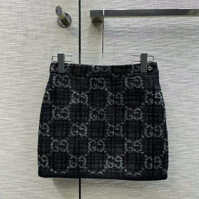 Gucci Women GG Tweed Skirt Dark Grey Lined Fitted Waistband Two Side Pockets Mini Length Style ‎774516 ZAPA4 1074 (2)