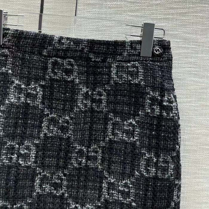 Gucci Women GG Tweed Skirt Dark Grey Lined Fitted Waistband Two Side Pockets Mini Length Style ‎774516 ZAPA4 1074