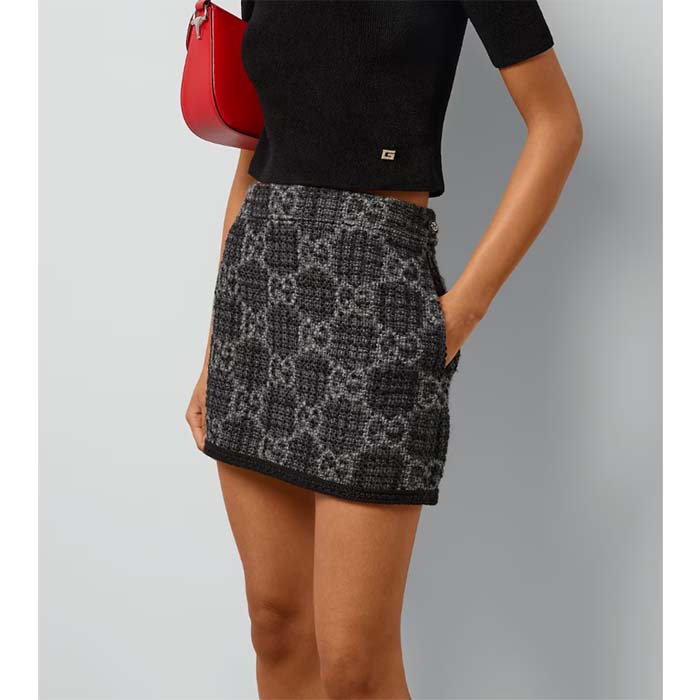 Gucci Women GG Tweed Skirt Dark Grey Lined Fitted Waistband Two Side Pockets Mini Length Style ‎774516 ZAPA4 1074 (5)