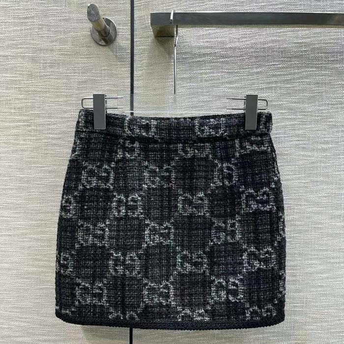 Gucci Women GG Tweed Skirt Dark Grey Lined Fitted Waistband Two Side Pockets Mini Length Style ‎774516 ZAPA4 1074