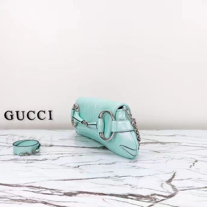 Gucci Women Horsebit Chain Medium Shoulder Bag Light Blue Quilted Leather Maxi Horsebit (1)