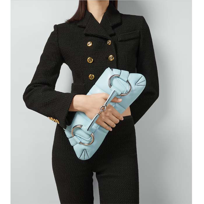 Gucci Women Horsebit Chain Medium Shoulder Bag Light Blue Quilted Leather Maxi Horsebit (11)