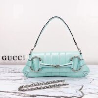 Gucci Women Horsebit Chain Medium Shoulder Bag Light Blue Quilted Leather Maxi Horsebit (4)