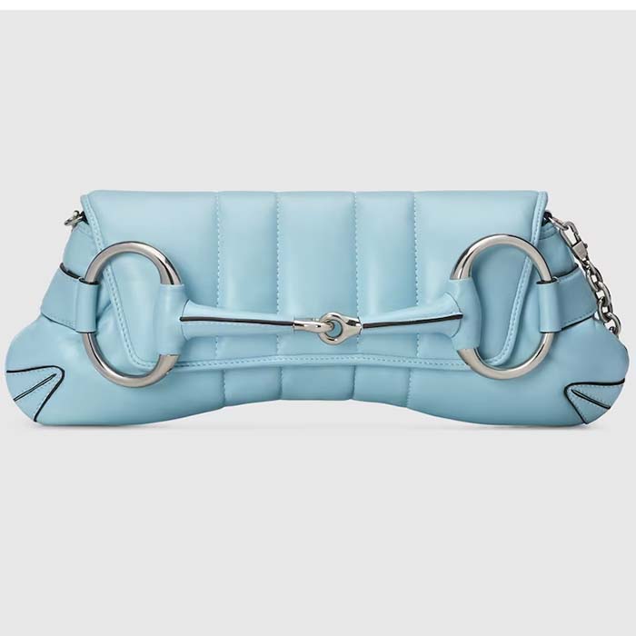 Gucci Women Horsebit Chain Medium Shoulder Bag Light Blue Quilted Leather Maxi Horsebit