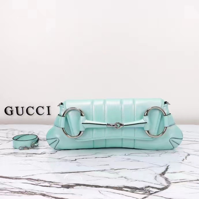 Gucci Women Horsebit Chain Medium Shoulder Bag Light Blue Quilted Leather Maxi Horsebit (5)