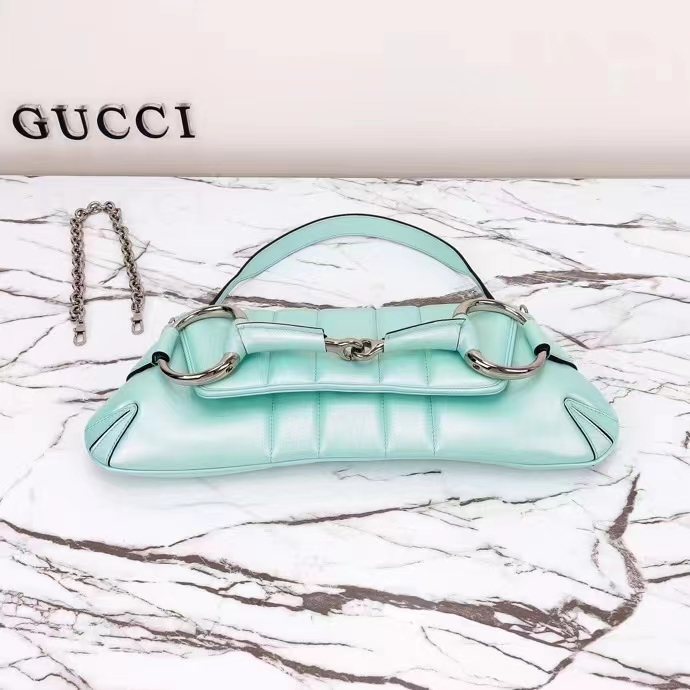 Gucci Women Horsebit Chain Medium Shoulder Bag Light Blue Quilted Leather Maxi Horsebit (7)