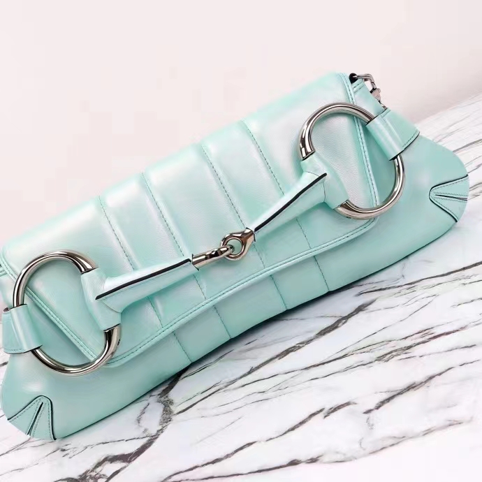 Gucci Women Horsebit Chain Medium Shoulder Bag Light Blue Quilted Leather Maxi Horsebit (8)