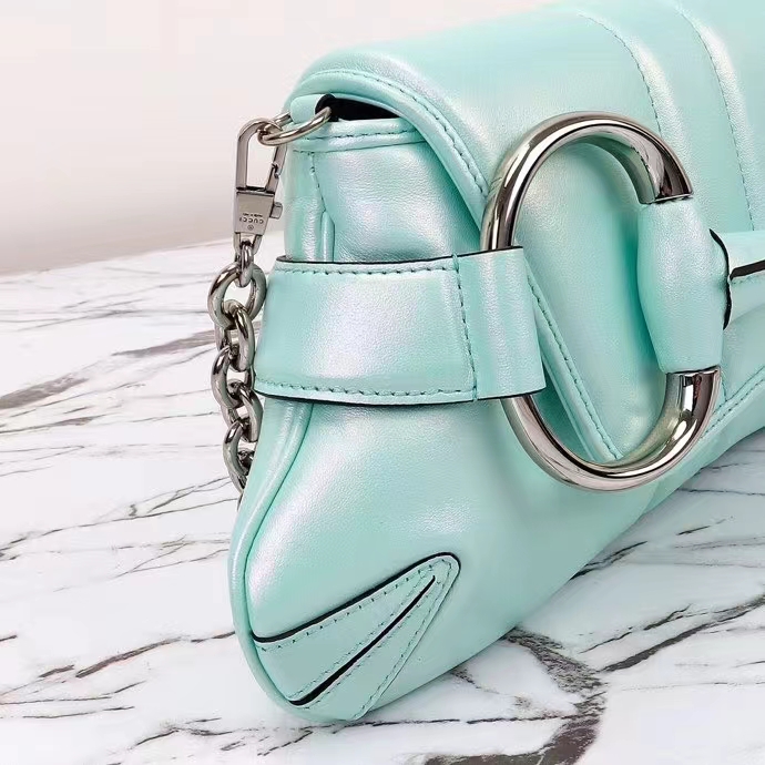 Gucci Women Horsebit Chain Medium Shoulder Bag Light Blue Quilted Leather Maxi Horsebit (9)
