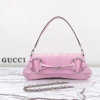 Gucci Women Horsebit Chain Medium Shoulder Bag Pink Iridescent Quilted Leather Maxi Horsebit (9)