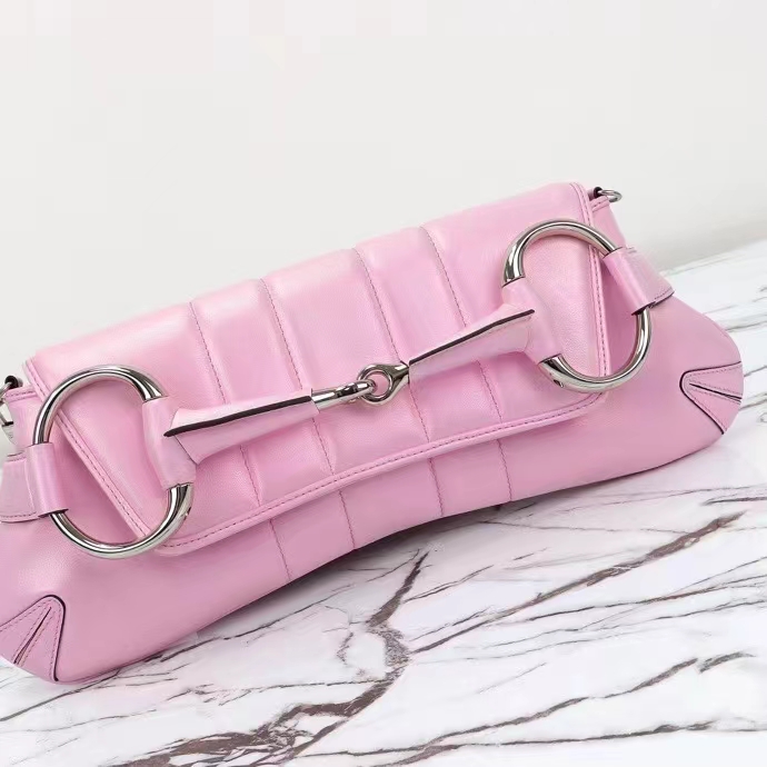 Gucci Women Horsebit Chain Medium Shoulder Bag Pink Iridescent Quilted Leather Maxi Horsebit (3)