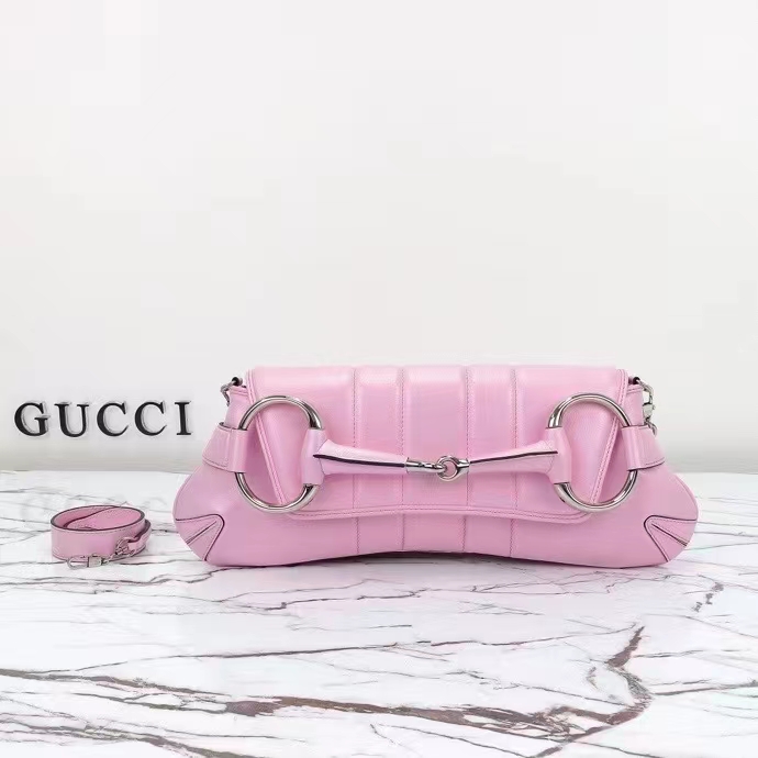 Gucci Women Horsebit Chain Medium Shoulder Bag Pink Iridescent Quilted Leather Maxi Horsebit (4)