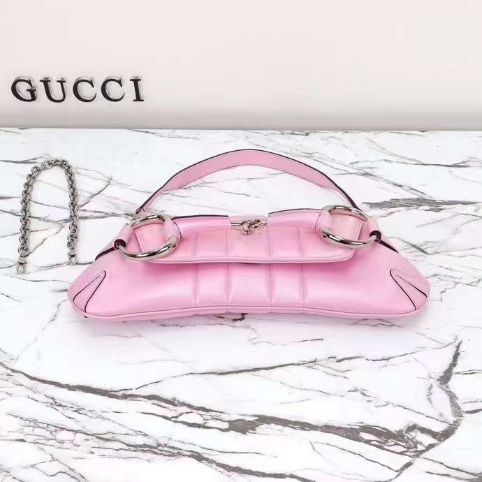 Gucci Women Horsebit Chain Medium Shoulder Bag Pink Iridescent Quilted Leather Maxi Horsebit (6)