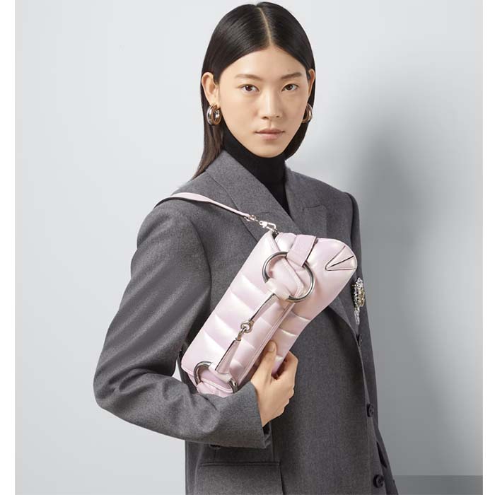 Gucci Women Horsebit Chain Medium Shoulder Bag Pink Iridescent Quilted Leather Maxi Horsebit (7)