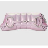 Gucci Women Horsebit Chain Medium Shoulder Bag Pink Iridescent Quilted Leather Maxi Horsebit (9)