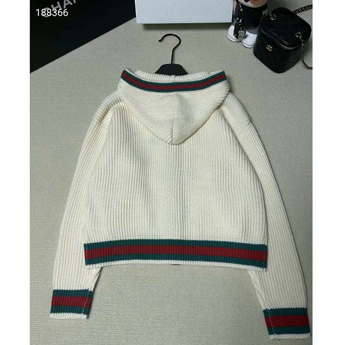 Gucci Women Rib Stitch Wool Cardigan Web Fixed Hood Drawstring Dropped Shoulder Long Sleeves Style ‎764690 XKDQV 9146 (10)