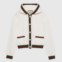 Gucci Women Rib Stitch Wool Cardigan Web Fixed Hood Drawstring Dropped Shoulder Long Sleeves Style ‎764690 XKDQV 9146 (11)