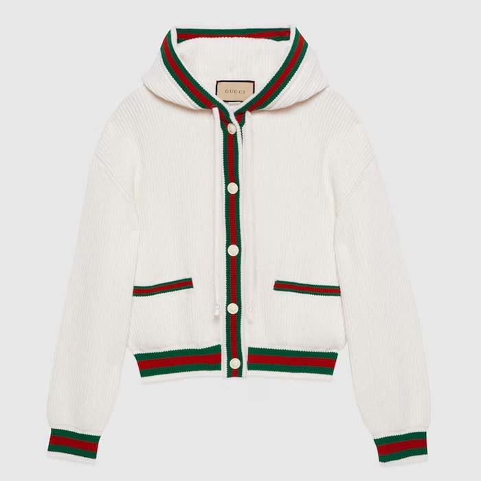 Gucci Women Rib Stitch Wool Cardigan Web Fixed Hood Drawstring Dropped Shoulder Long Sleeves Style ‎764690 XKDQV 9146