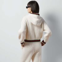 Gucci Women Rib Stitch Wool Cardigan Web Fixed Hood Drawstring Dropped Shoulder Long Sleeves Style ‎764690 XKDQV 9146 (11)