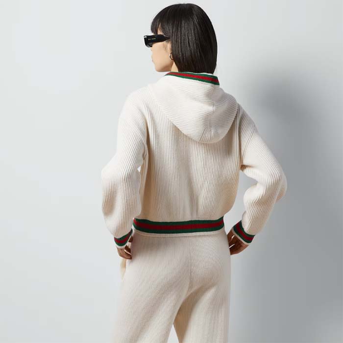 Gucci Women Rib Stitch Wool Cardigan Web Fixed Hood Drawstring Dropped Shoulder Long Sleeves Style ‎764690 XKDQV 9146 (12)