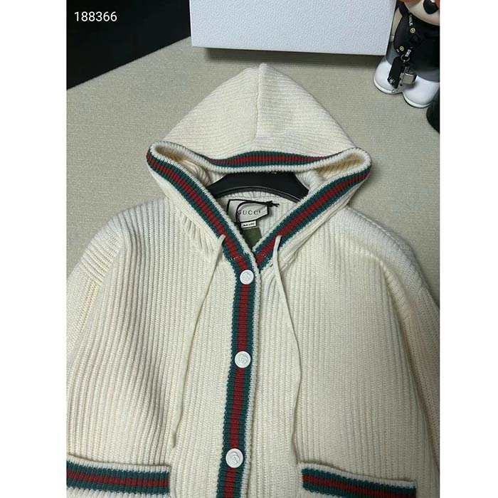 Gucci Women Rib Stitch Wool Cardigan Web Fixed Hood Drawstring Dropped Shoulder Long Sleeves Style ‎764690 XKDQV 9146 (3)