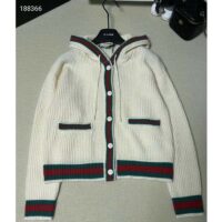 Gucci Women Rib Stitch Wool Cardigan Web Fixed Hood Drawstring Dropped Shoulder Long Sleeves Style ‎764690 XKDQV 9146 (11)