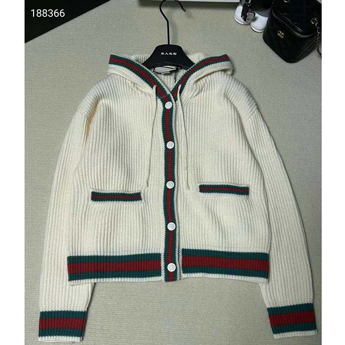 Gucci Women Rib Stitch Wool Cardigan Web Fixed Hood Drawstring Dropped Shoulder Long Sleeves Style ‎764690 XKDQV 9146 (5)