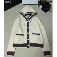 Gucci Women Rib Stitch Wool Cardigan Web Fixed Hood Drawstring Dropped Shoulder Long Sleeves Style ‎764690 XKDQV 9146 (11)