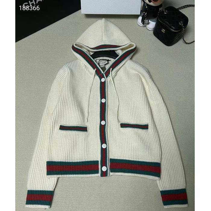 Gucci Women Rib Stitch Wool Cardigan Web Fixed Hood Drawstring Dropped Shoulder Long Sleeves Style ‎764690 XKDQV 9146 (7)