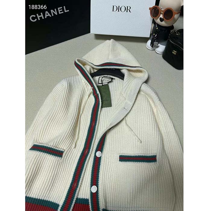 Gucci Women Rib Stitch Wool Cardigan Web Fixed Hood Drawstring Dropped Shoulder Long Sleeves Style ‎764690 XKDQV 9146 (8)