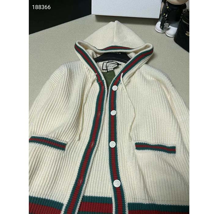 Gucci Women Rib Stitch Wool Cardigan Web Fixed Hood Drawstring Dropped Shoulder Long Sleeves Style ‎764690 XKDQV 9146 (9)
