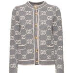 Gucci Women Wool Bouclé Jacquard Cardigan Grey Ivory GG Crewneck Long Sleeves - Image 2
