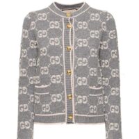 Gucci Women Wool Bouclé Jacquard Cardigan Grey Ivory GG Crewneck Long Sleeves (2)