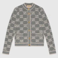 Gucci Women Wool Bouclé Jacquard Cardigan Grey Ivory GG Crewneck Long Sleeves (2)