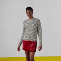 Gucci Women Wool Bouclé Jacquard Cardigan Grey Ivory GG Crewneck Long Sleeves (2)