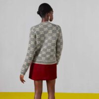 Gucci Women Wool Bouclé Jacquard Cardigan Grey Ivory GG Crewneck Long Sleeves (2)