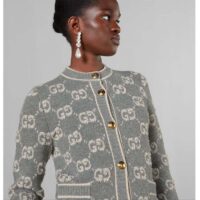 Gucci Women Wool Bouclé Jacquard Cardigan Grey Ivory GG Crewneck Long Sleeves (2)