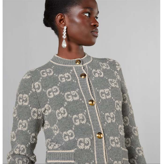 Gucci Women Wool Bouclé Jacquard Cardigan Grey Ivory GG Crewneck Long Sleeves