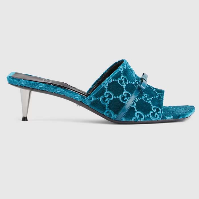Gucci Women's GG Slide Sandal Blue GG Velvet Square Toe Low 4.3 CM Heel