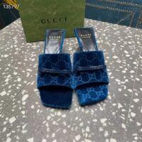 Gucci Women’s GG Slide Sandal Blue GG Velvet Square Toe Low 4.3 CM Heel (5)