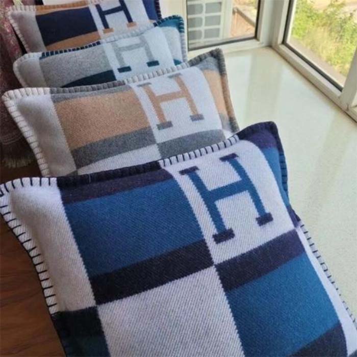 Hermes Unisex Wool Cashmere Blue Navy Beige Black Multifunction Cushion