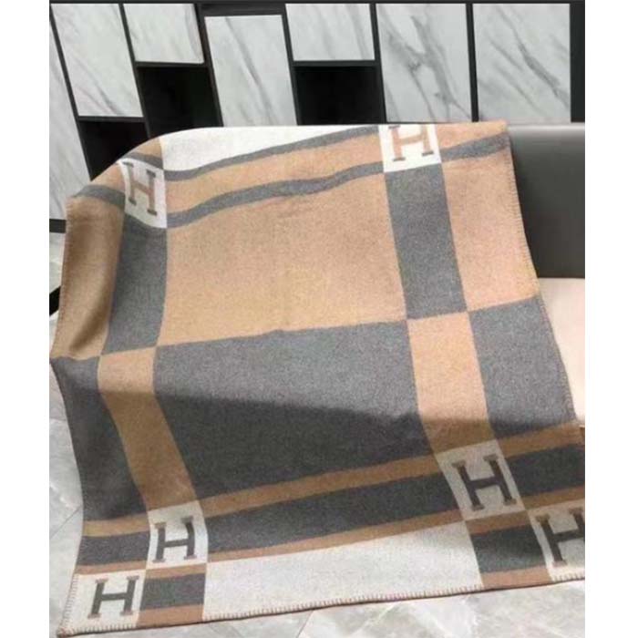 Hermes Unisex Wool Cashmere Pink Grey Beige Multifunction Blanket Scarf (3)