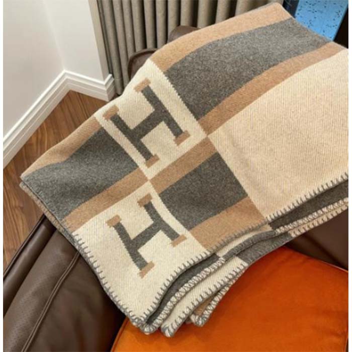 Hermes Unisex Wool Cashmere Pink Grey Beige Multifunction Blanket Scarf (4)