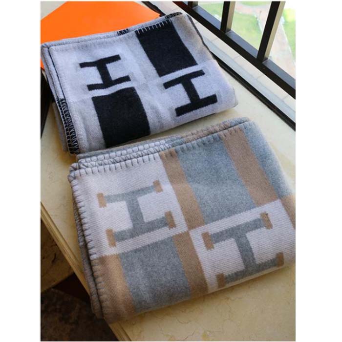 Hermes Unisex Wool Cashmere Pink Grey Beige Multifunction Blanket Scarf (8)