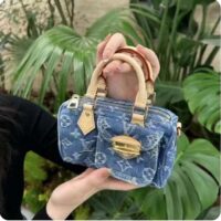 Louis Vuitton LV Unisex Nano Speedy Bag Denim Blue GOTS Monogram Denim Canvas Natural Cowhide Leather (9)