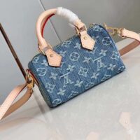 Louis Vuitton LV Unisex Nano Speedy Bag Denim Blue GOTS Monogram Denim Canvas Natural Cowhide Leather (9)