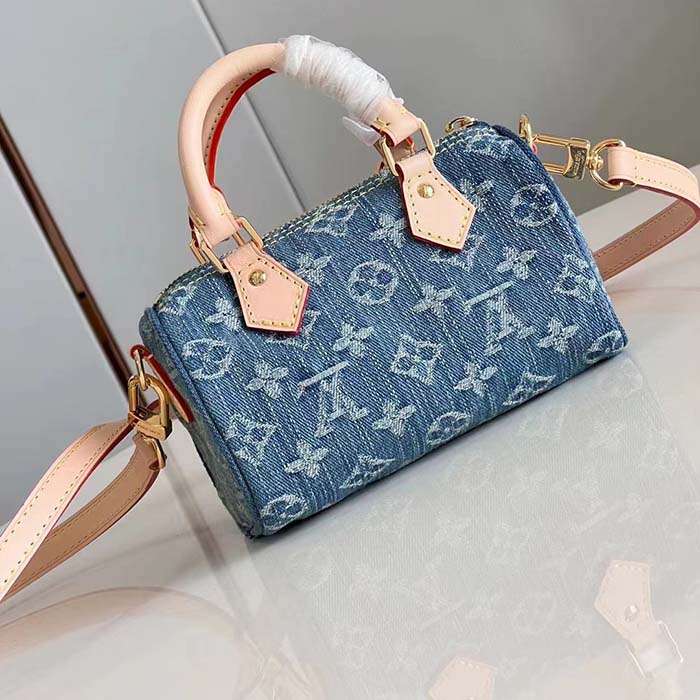 Louis Vuitton LV Unisex Nano Speedy Bag Denim Blue GOTS Monogram Denim Canvas Natural Cowhide Leather (14)