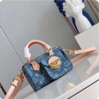 Louis Vuitton LV Unisex Nano Speedy Bag Denim Blue GOTS Monogram Denim Canvas Natural Cowhide Leather (9)