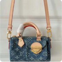 Louis Vuitton LV Unisex Nano Speedy Bag Denim Blue GOTS Monogram Denim Canvas Natural Cowhide Leather (9)